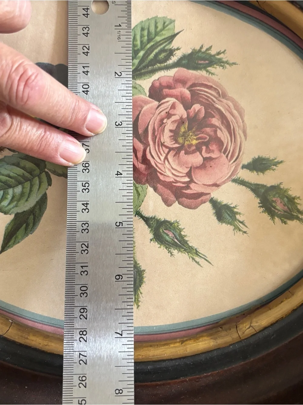 Vintage Floral Oval Wall Art - Pink Rose in Brown Frame